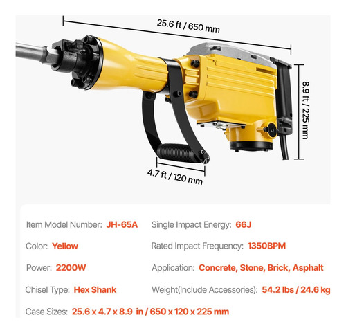 Martillo Demoledor 2200w 1350 Bpm Con 4 Cinceles Vevor Amarillo