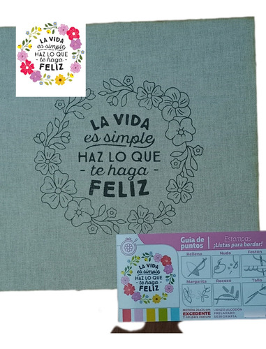 Kit De Bordado Con Tela De 20 X 20 Cm, Agujas,lanas,bastidor Frase Feliz