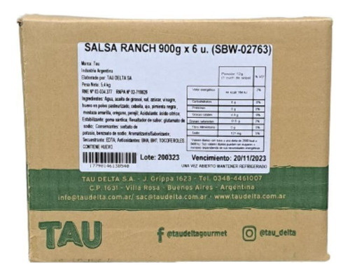 Salsa Aderezo Ranch Tau Delta X 900gr Doy Pack X 6u