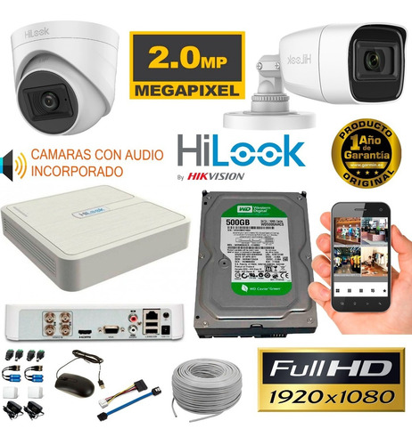 Kit Camaras Con Audio Dvr 4ch + 2 Cám 1080p + Disco 500gb