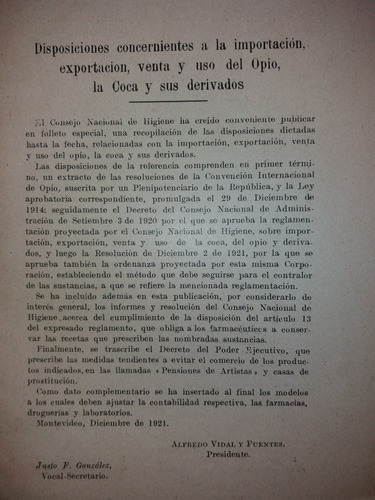 Disposicion Importacion Venta Uso Opio Coca Y Derivados 1922 (Usado)