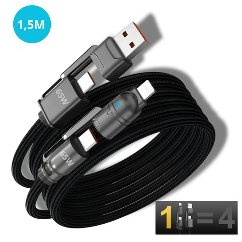 Cabo Usb Carregador Turbo 65w 4 Em 1 Tipo C Cumprido 1.5 Metros Rápido Compatível iPhone 11 12 13 14 15 16 17 Pro Max Samsung Motorola Xiaomi Macbook Notbook Ps5 Premium Reforçado Preto Ice Coorel