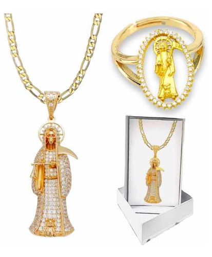 Collar Santa Muerte Premium Cadena Gruesa Y Anillo