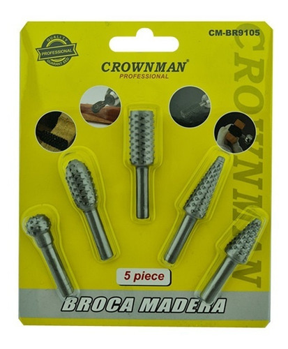 Imagen 1 de 1 de Kit Juego Brocas Madera Escofina Rotativa 1/4 5 Pcs Crownman