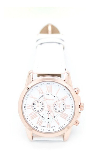 Relógio Pulseira De Couro Branca Feminino Rose Luxo Geneva