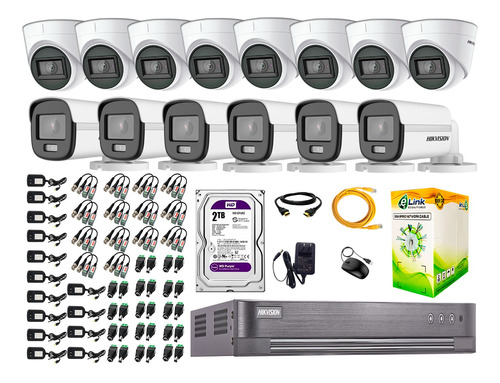 Cámaras Seguridad Kit 14 Hikvision 1080p Colorvu Noche Color