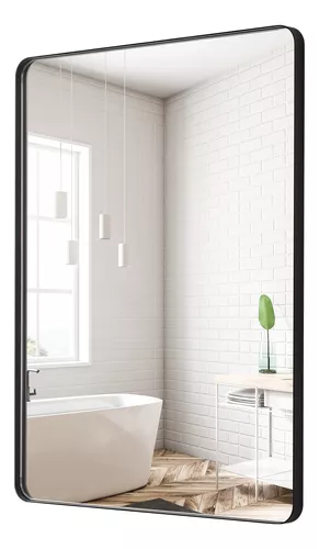 Espejo de baño moderno con marco negro para pared, espejo redondo  rectangular de 30 x 22 pulgadas, espejo de tocador de baño negro mate,  espejo de
