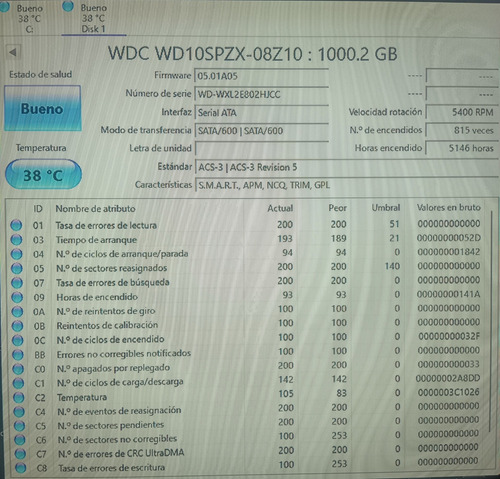 Western Digital Blue 1tb Wd10spzx-08 Sin Problemas Gris (Usado)