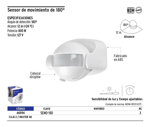 Sensor De Movimiento De 180° Volteck 46594