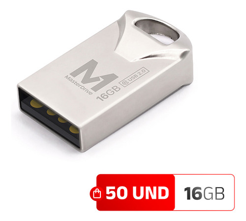 Kit 50 Pendrive Mini 16gb Atacado Masterdrive Usb2.0 Premium Prateado Logo