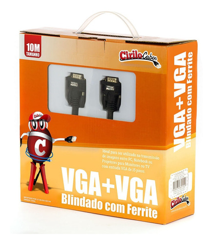 Cabo Vga Blindado Com Ferrite, 10 Metros - Cirilo Cabos