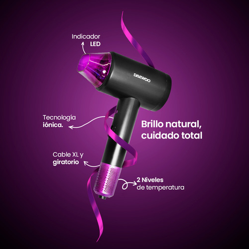 Secadora De Cabello Profesional Daewoo 2 Velocidades 110°c Indicador Led Temperatura Tecnología Iónica Color Negro Dw-se3