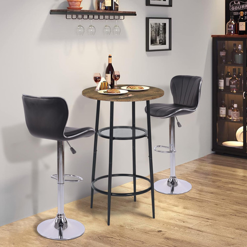 Mesa De Bar Moderna Redonda Doble Capa Metal Negro Madera