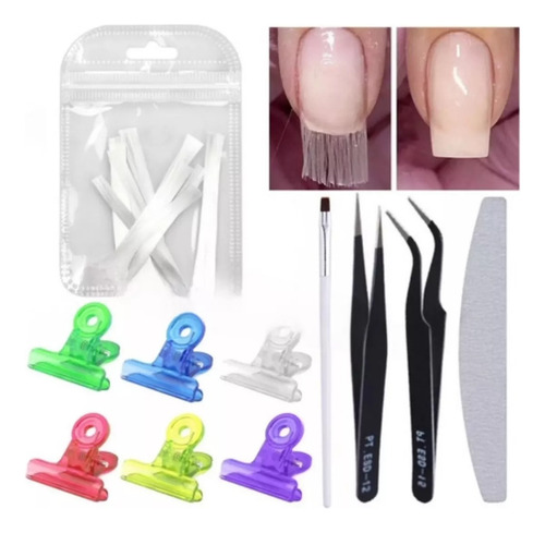 Kit Uñas Hilo Fibra De Vidrio Set Pincel Broche Pinzas Lima