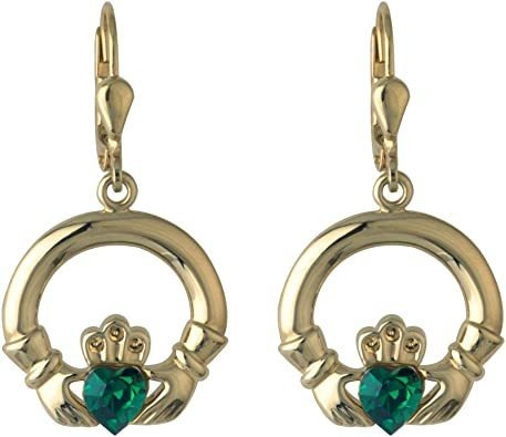 Pendientes Claddagh Chapados En Oro Y Esmeralda Sintética