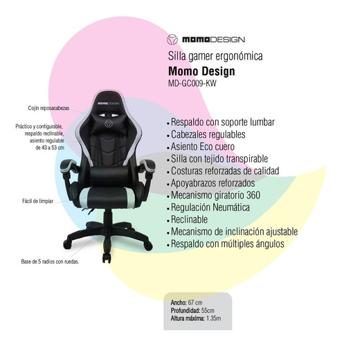 Imagen 2 de 7 de Silla Gamer Momodesign Negra Y Blanca Md-gc009-kw