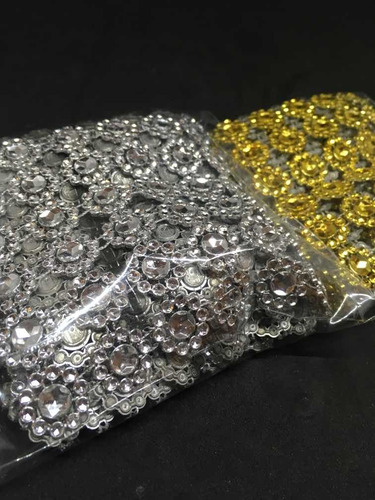 Falso Strass Flor Oro Y Plata X 91 Cm (1 Yarda)