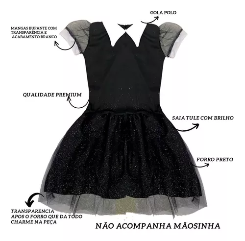 Fantasia Wandinha Infantil de Luxo com brilhos para Halloween