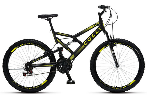 Bicicleta Aro 26 E 21 Marchas Dupla Suspensão Colli Bikes Cor Preto com Amarelo Tamanho do quadro 26