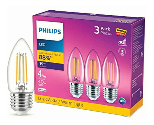 Philips Led Vela Luz Cálida 4.5w = 40w Base E27 3pack