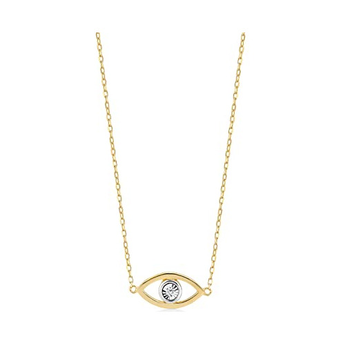 Collar - 14k Solid Gold 0,01 Ct Diamond Open Evil Eye Pendan