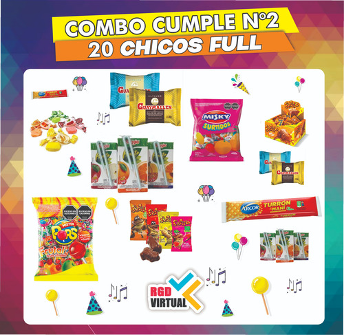 Combo 02 - Golosinas Cumpleaños - 20 Chicos Full - Rgd