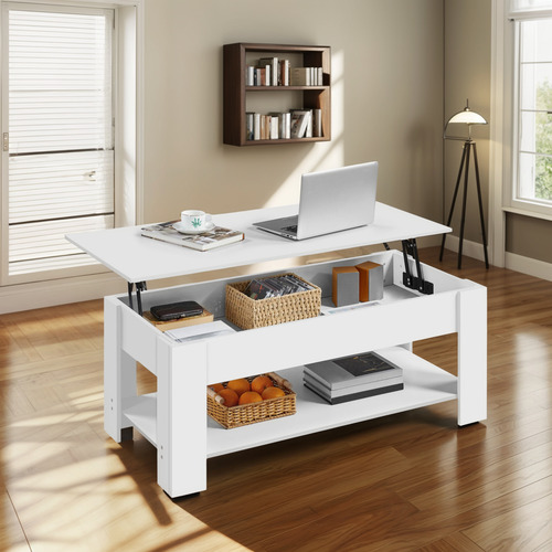 Mesa De Centro Elevable Con Compartimento Y Estante Blanco 1