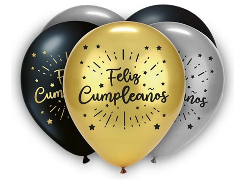 Pack 25 Globos Metalico Estampado R12 30cm Cumpleaños Fiesta Color Dorado/Negro Feliz Cumpleaños