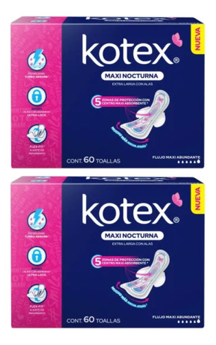 Toallas Femeninas Kotex Maxi Nocturna Con Alas 120 Pzas