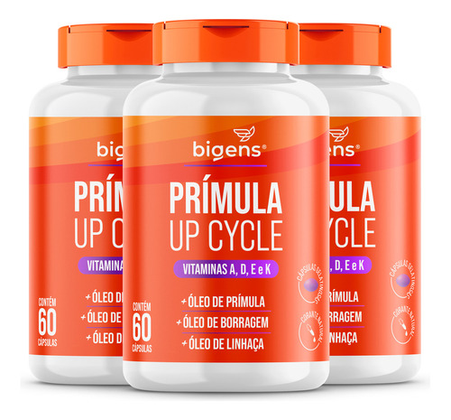 3x Prímula Up Cycle: Vitamina A, D, E, K + Óleo De Prímula, Borragem E Linhaça | 60 Cápsulas Softgel | Bigens