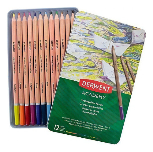 Conjunto Derwent Academy de 12 lápis de aquarela e caixa de metal