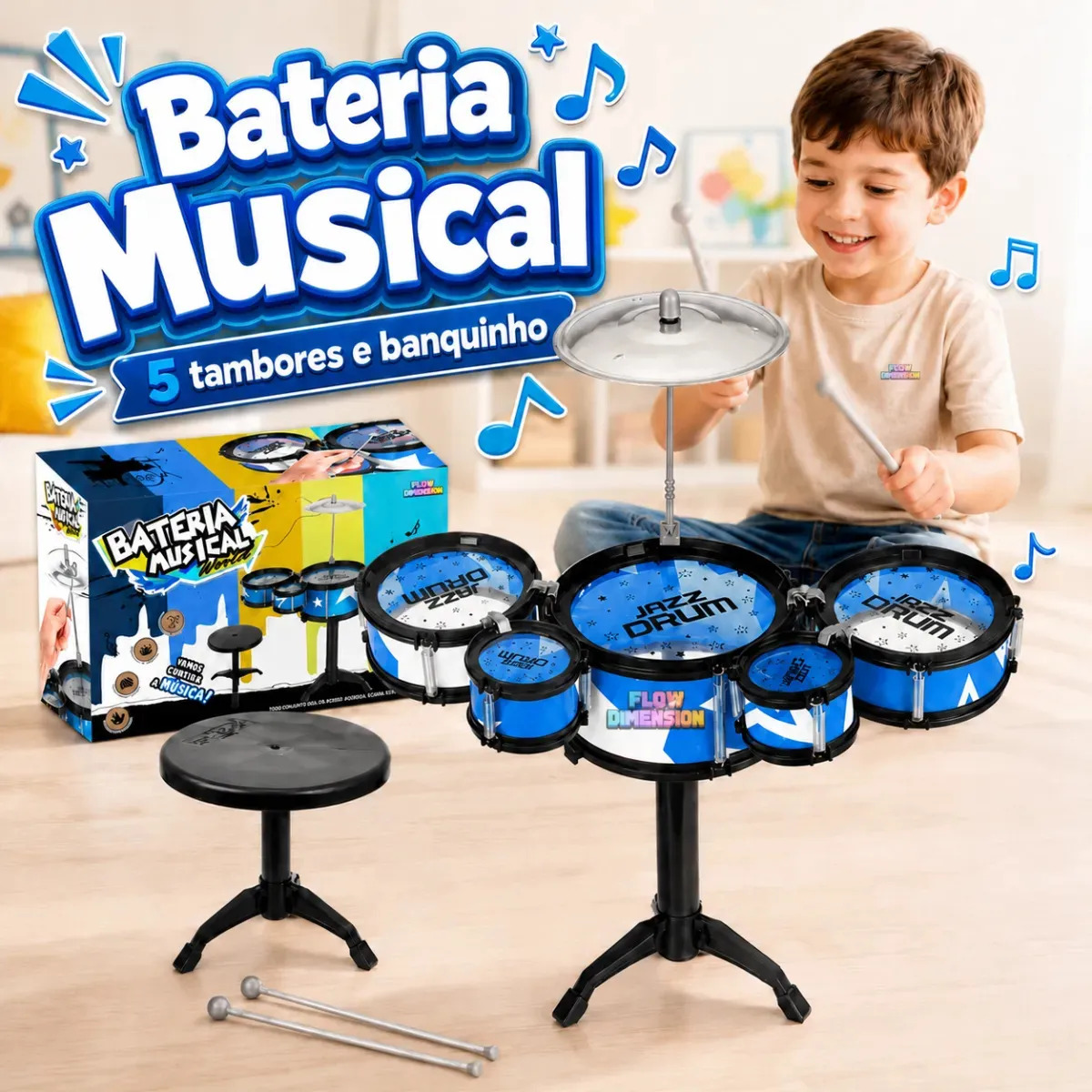 Bateria Infantil com 5 Tambores, Prato e Banco para Crianças Azul Flow Dimension
