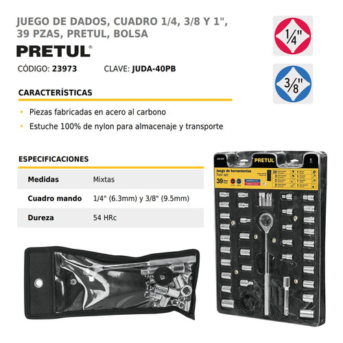 Imagen 4 de 11 de Kit Juego Puntas Tubos 40 Piezas Pretul 1/4 Y 3/8 Pulgadas