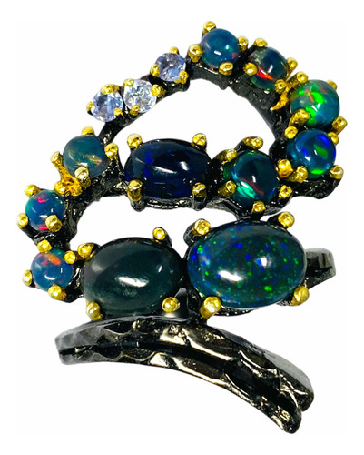 Anillo Plata 925 Opalo De Fuego Etiope Negro Genuino 6,1 Ct.