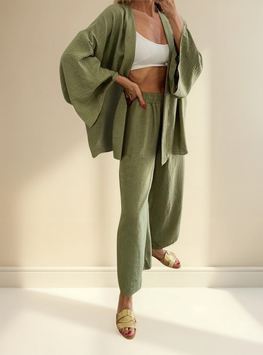 Conjunto De Pantalones Tipo Camisa De Manga Larga De Lino Y
