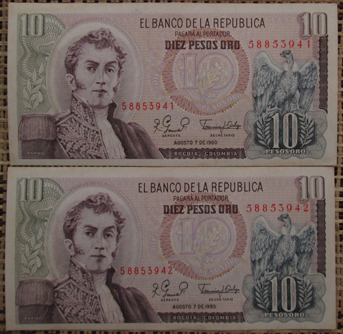 Imagen 1 de 4 de Billetes De Colombia Diez Pesos Oro- Series Consecutiva L 21