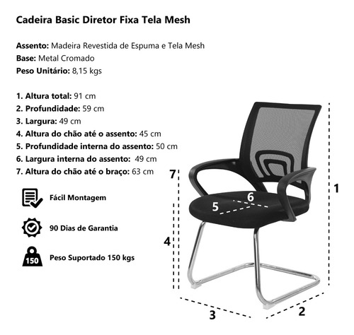 Imagem 5 de 5 de Cadeira Escritório Basic Diretor Fixa Preta Base Cromada