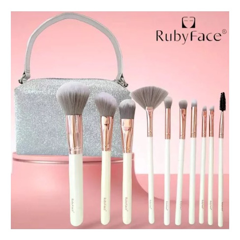 Rubyface® Set Brocha Maquillaje De 10 Piezas Con Cartera