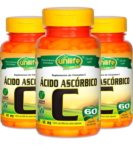 Kit 3 Vitamina C Ácido Ascórbico 60 Cáps - Unilife Vitamins Sabor Sem Sabor