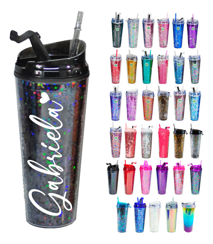 Termo Vaso Glitter Personalizado (popote Y Tapa Antiderrame)