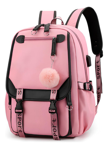 Mochila Kawaii Estilo Coreano Juvenil Moda Con Puerto Usb Color Rosa