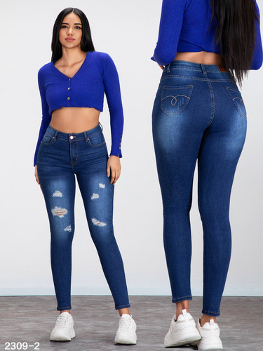 Jeans Azul Roto Push Up Tiro Alto Diseño En Bolsas 2309-2