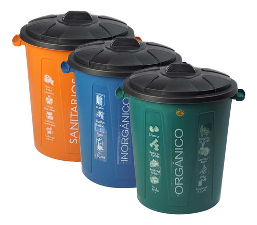 Kit Bote 3 Piezas 55 Lts Orgánico Inorgánico Sanitario Color Multicolores