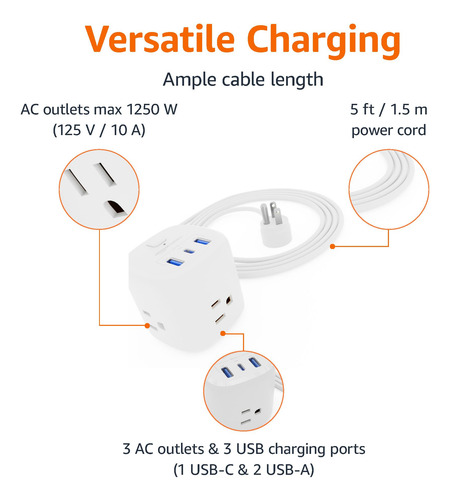 Power Strip Amazon Basics 3 Enchufes 3 Puertos Usb 1 Usb-c