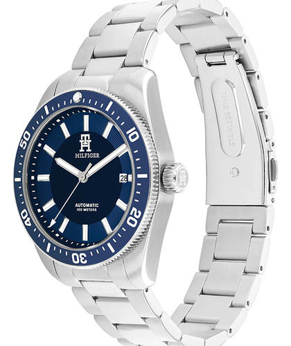 Reloj Tommy Hilfiger Th85 Para Caballero 1710591 Correa Plateado Bisel Plateado Fondo Azul