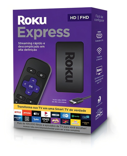 Express Streaming Player Full Hd Hdmi Usb Com Controle Roku Cor Preto