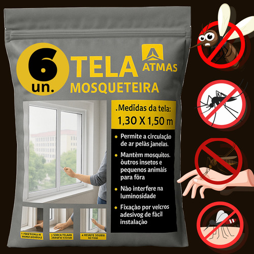 Kit 6 Tela Mosqueteira Para Janela Com Velcro Ajustável 130x150 Protetor Anti Inseto Mosquito Pernilongo Contra Insetos Atmas