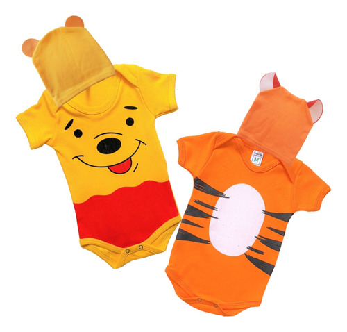 Kit 2 Body + Touca Ursinho Pooh E Tigrão Mêsversário Gêmeos 