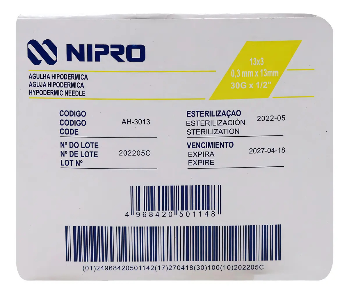 Agujas Hipodérmicas 30G x 1/2" 13mm Pack 100 Nipro
