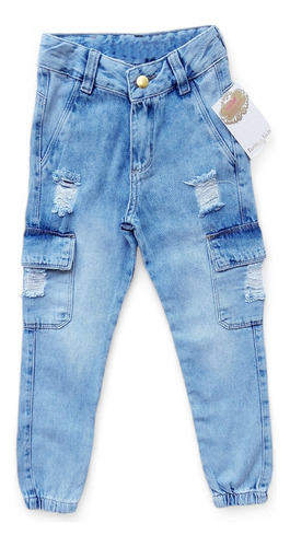 Calça Jeans Cargo Infantil Menina Rasgada / Destroyed 